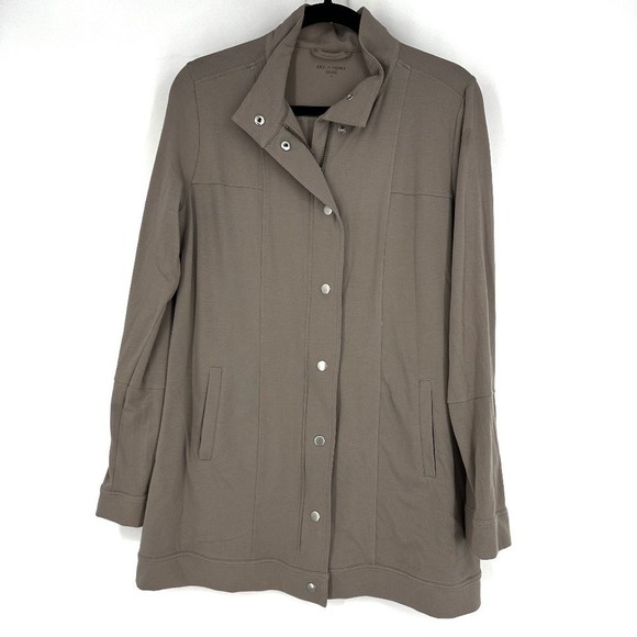 Eileen Fisher Stand‎ Collar Zip/Snap Long Organic Cotton Jacket Taupe Tan Medium - Picture 2 of 11